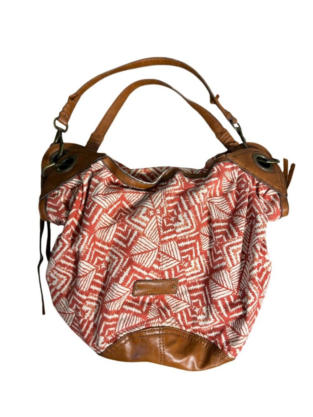 Lucky Brand Orange Geometric Canvas Shoulder Bag Brown Leather Trim Boho Purse
